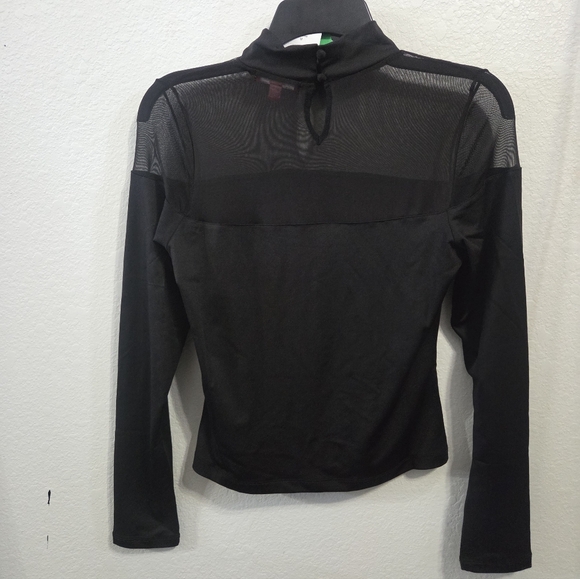 Black Sheer Mesh Collared Neckline & Solid Black  Long-Sleeve Top - Picture 3 of 6